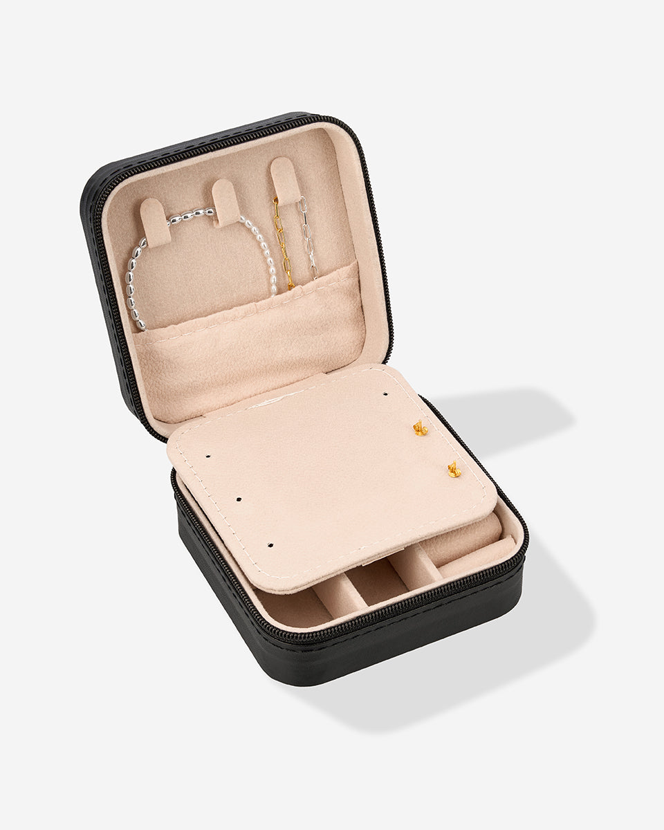 Open Jewelry Travel Box Black by COLD SKIN with necklace holders and storage compartments