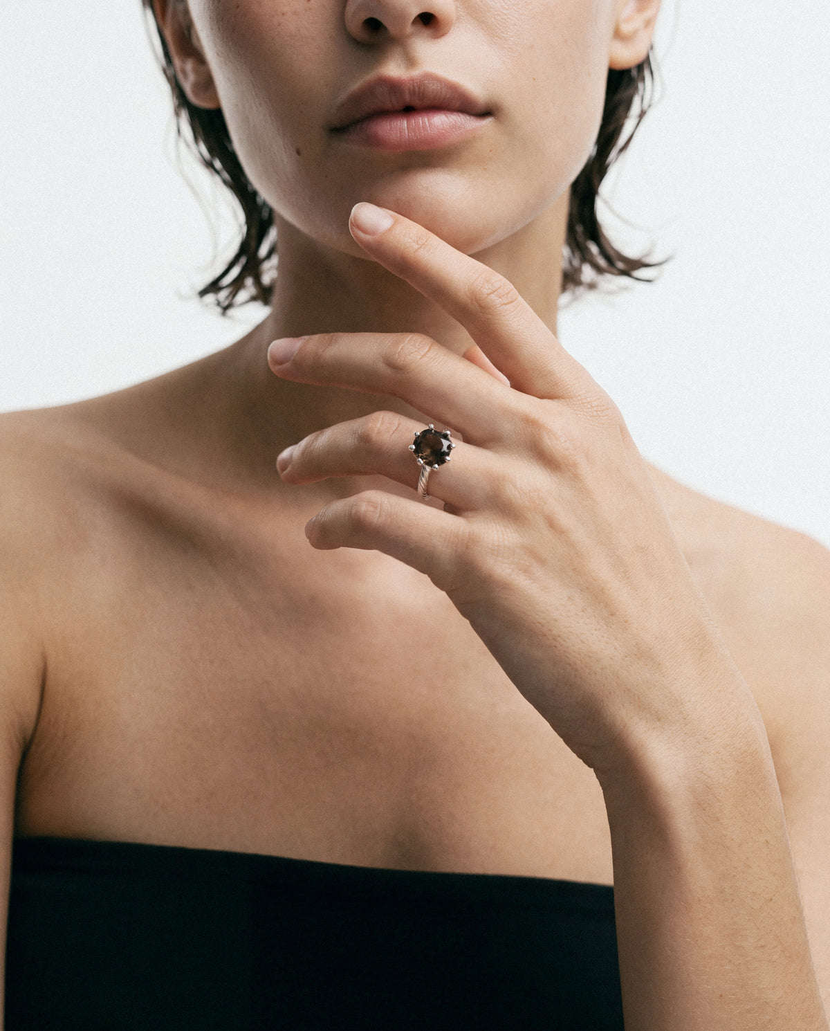 Close-up of the Velvet Vendetta Ring - Silver & Smoky Quartz, worn