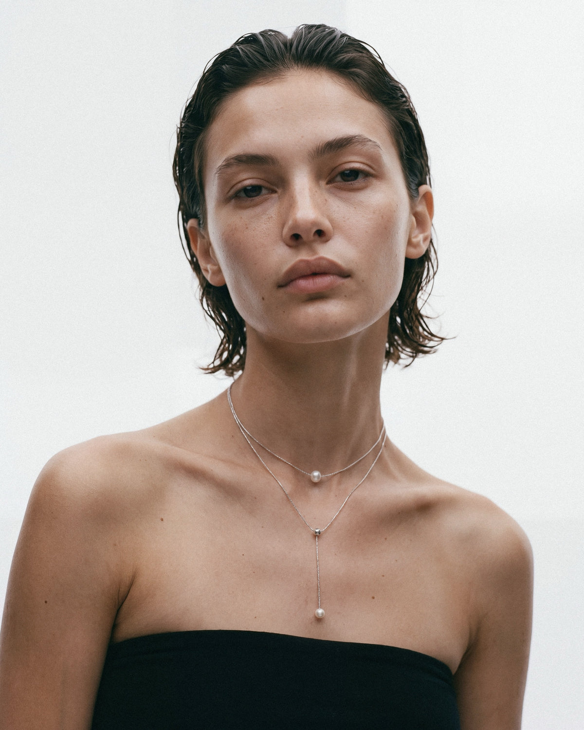 PEARL NAKED Double Chain Necklace in Silver & White, worn by a model, for COLD SKIN.