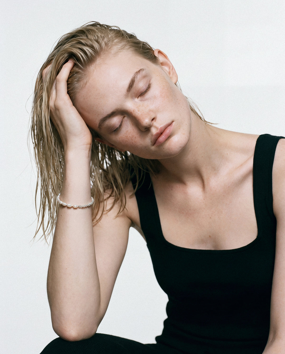 Model wearing the Calypso Bracelet - Silver & Pearl