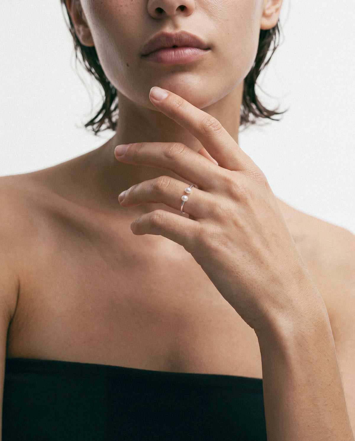 Close-up of the Crab Eye Ring - Silver & Pearls, worn