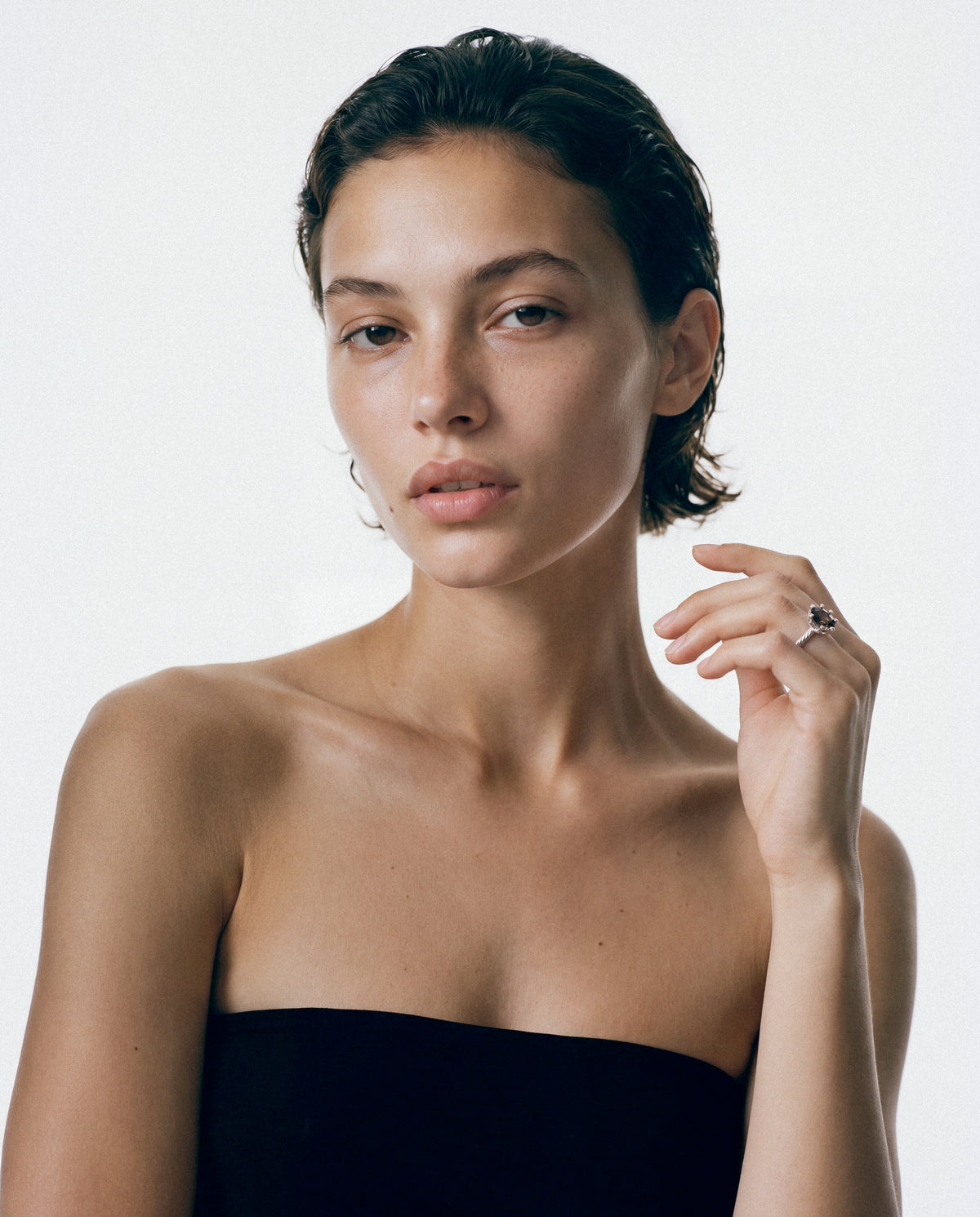 Model wearing the Velvet Vendetta Ring - Silver & Smoky Quartz
