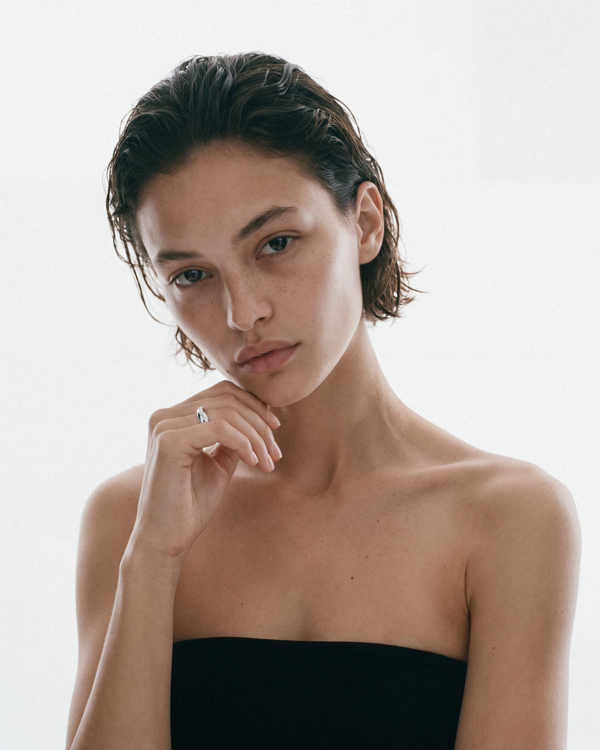 SAGA Crescent Ring in Silver, worn by a model, for COLD SKIN.