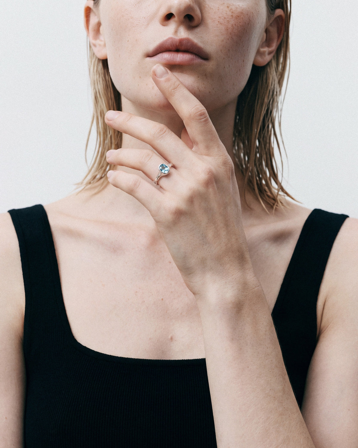 ARISHI Elf Ring in Silver & Blue, worn by a model – close-up, for COLD SKIN.