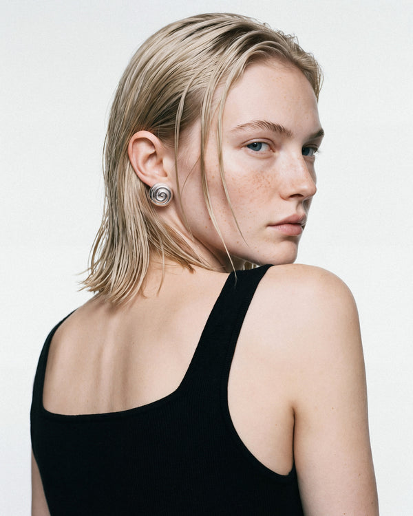 Louis Abel Uzu Mid Earrings in Silver, worn by a model, for COLD SKIN.
