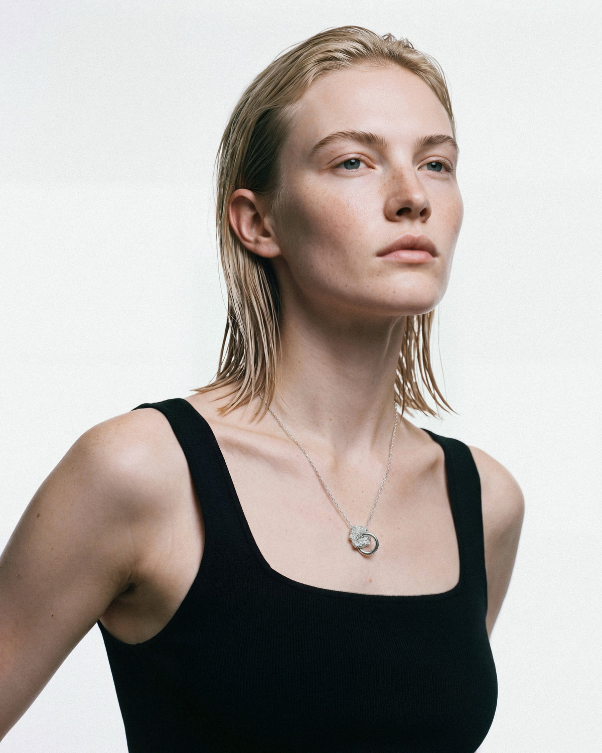 NO MORE Forever Raw Necklace in Silver, worn by a model, for COLD SKIN.